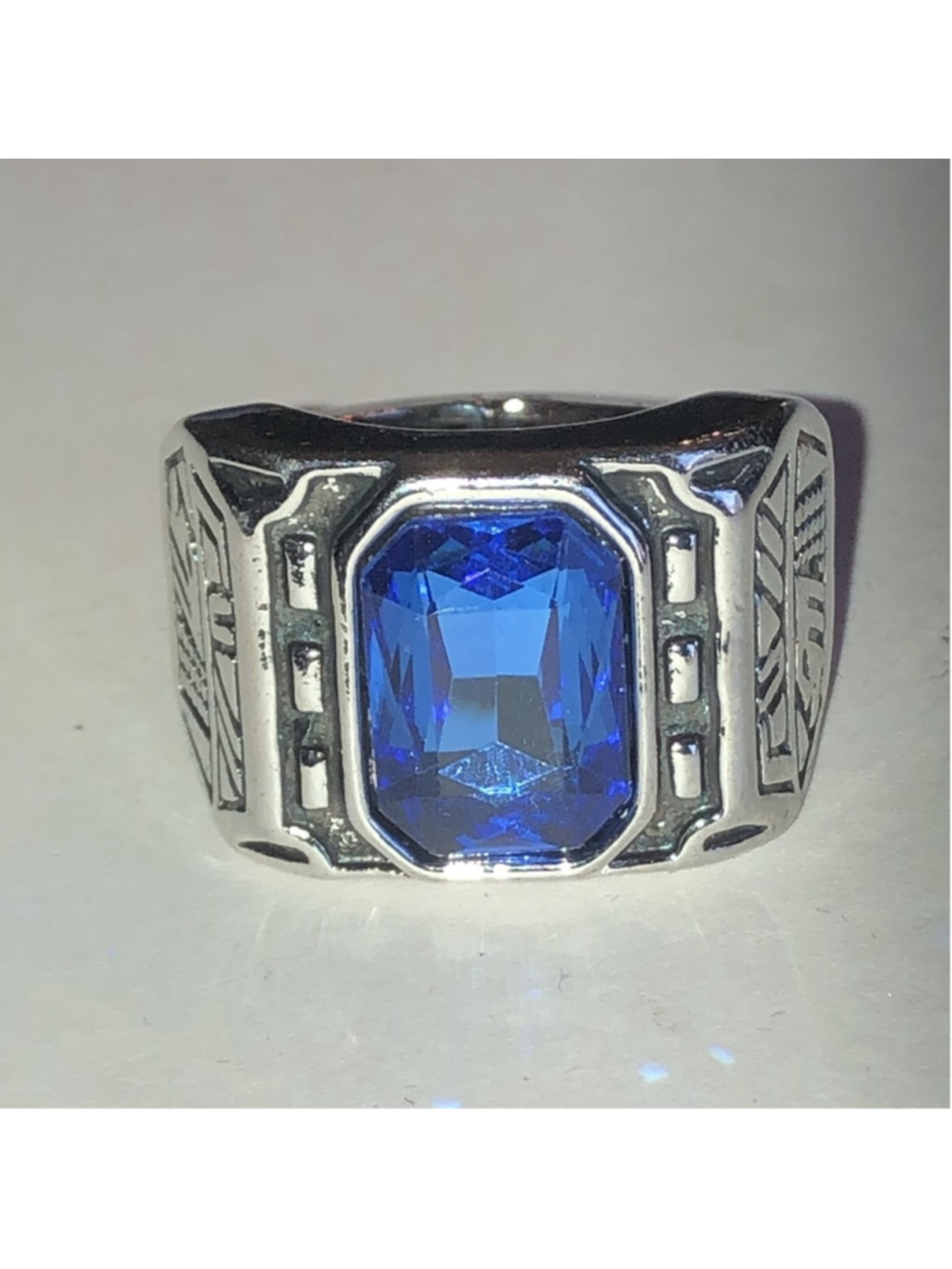 Silver Tone Chunky Boho Ring with Deep Blue Stone
